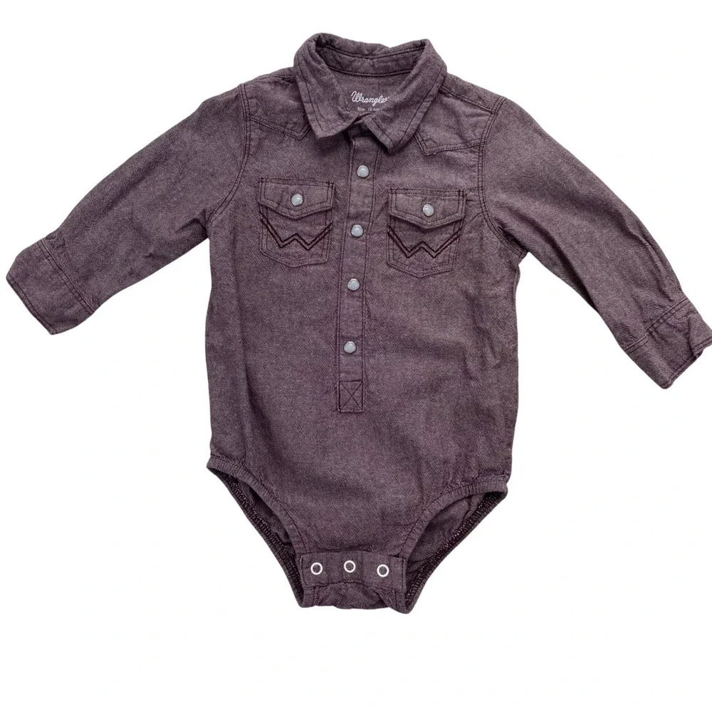Wrangler Western Bodysuit Baby 12M‎ Burgundy Pearl Snap Long Sleeve Cotton